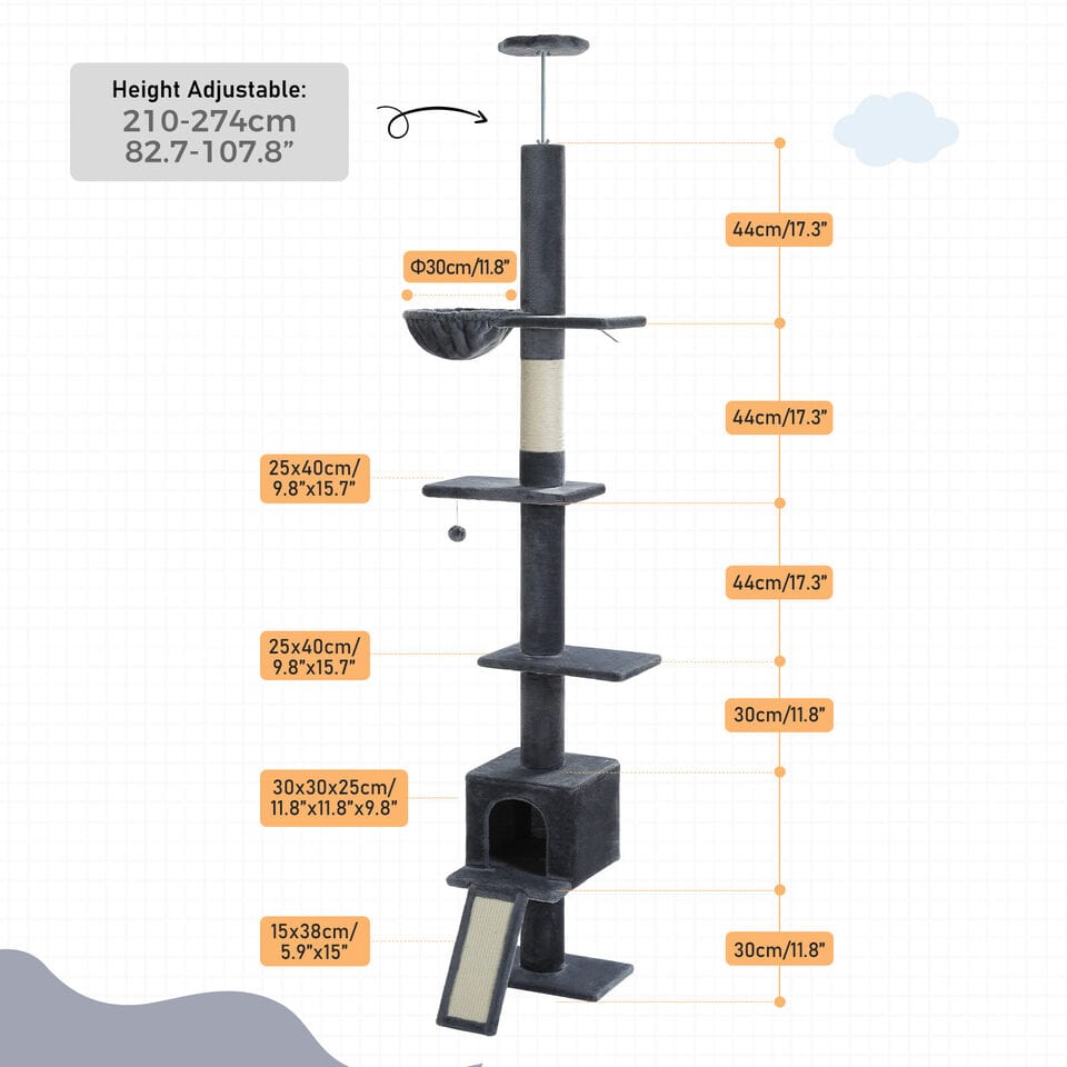 Cat Tree Palace - Cat Scratching Posts USA Cat Scratching Post Specialists | Cat Scratcher Trees & Poles 82.7" - 107.8" Floor to Ceiling Cat Scratching Pole with Condo & Nest