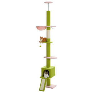 Cat Tree Palace - Cat Scratching Posts USA Cat Scratching Post Specialists | Cat Scratcher Trees & Poles Green/ Pink 82.7" - 107.8" Floor to Ceiling Cat Scratching Pole with Condo & Nest
